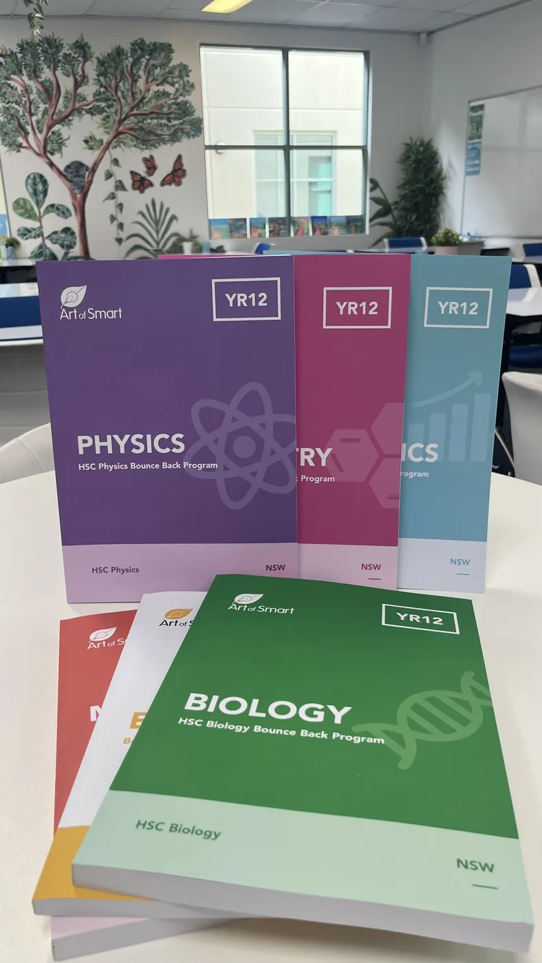 Art of Smart Year 12 HSC Bounce Back Program books for Physics, Chemistry, Biology and more on a classroom table